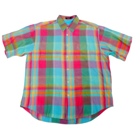 Johnnie Walker Silk Blend Colorful Plaid Embroidered Button Up Shirt XL - Picture 1 of 6